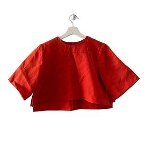Rosie Assoulin High Neck Solid Red Crop Top Blouse Shirt Side Slit One Size